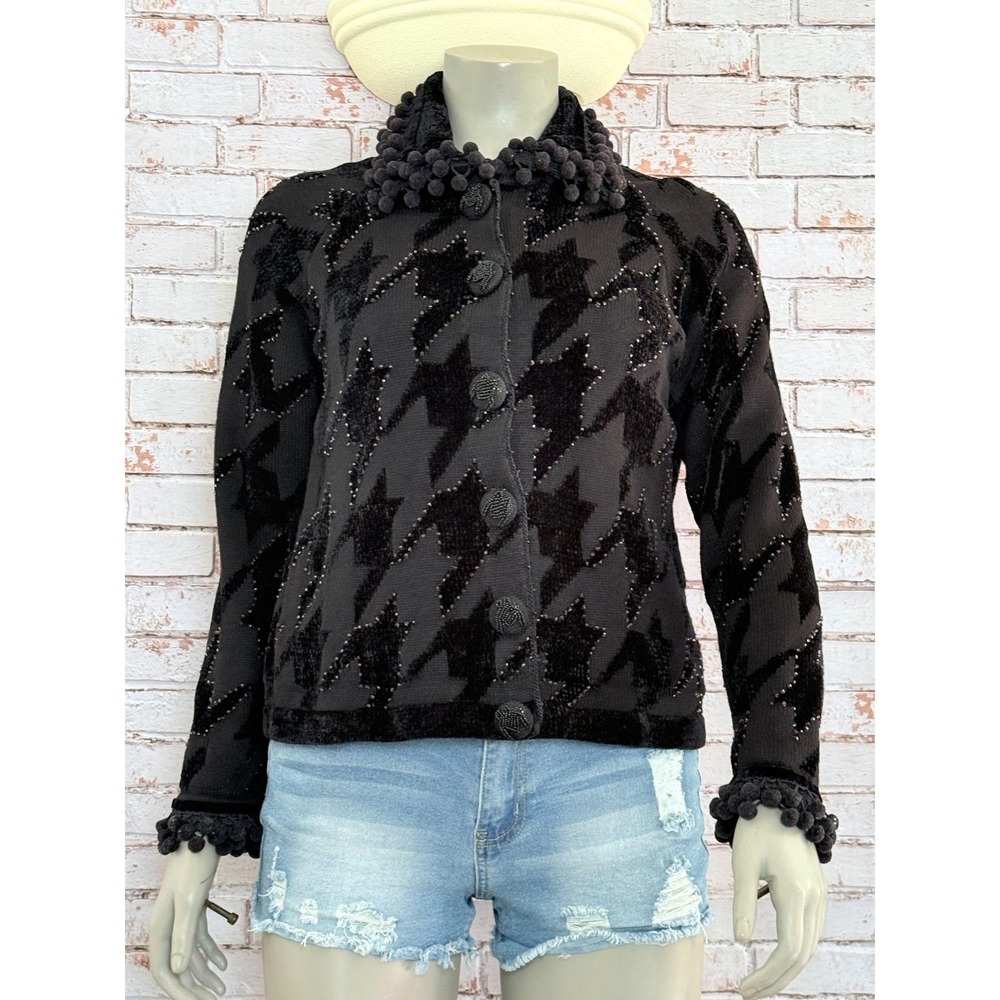 Vintage Berek Black Houndstooth Cardigan Pom-Pom Trim Beaded Buttons Womens S